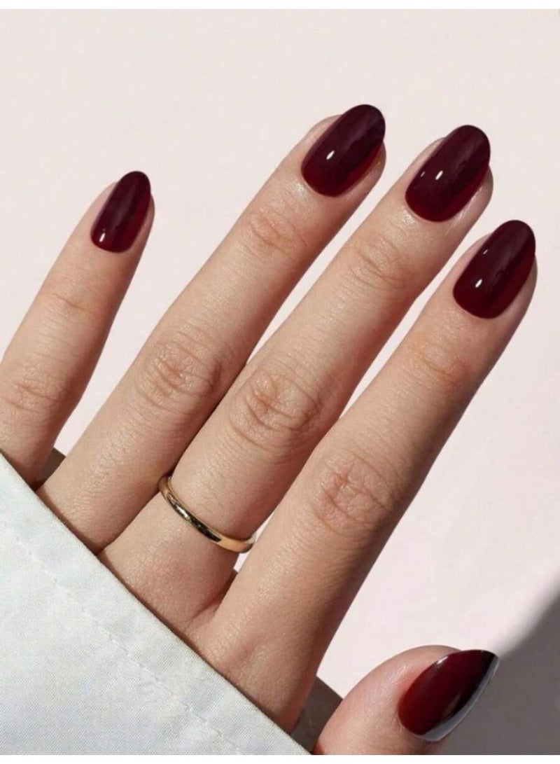 أظافر تركيب قصيرة بيضاوية لون عنابي 24 قطعة – أظافر لامعة للخريف والمناسبات مع إطلالة أنيقة - Image 1